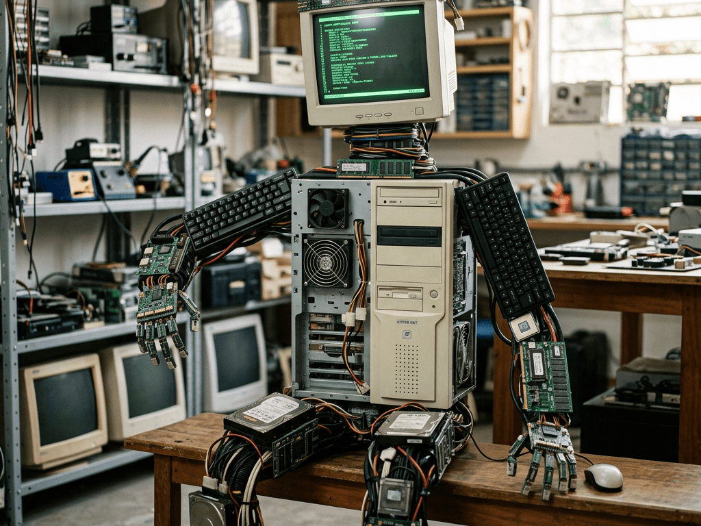 Robot made from old computer components including monitor head, CPU torso, keyboards for arms, and circuit board legs in workshop